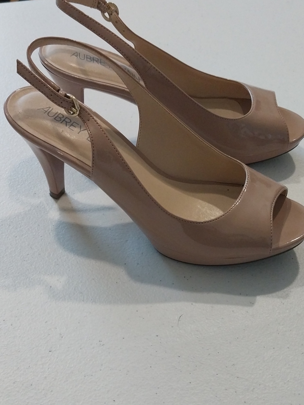 Aubrey Lynn Nude Patent Slingback Peep-Toe Heels